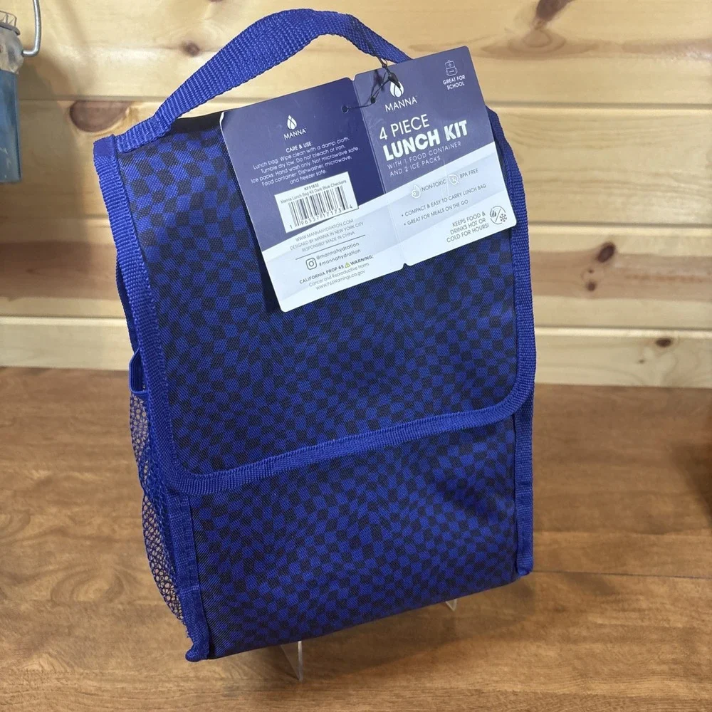 Manna 4 Piece Lunch Kit Blue Checker Insulated Bag Container Ice Packs KF51832